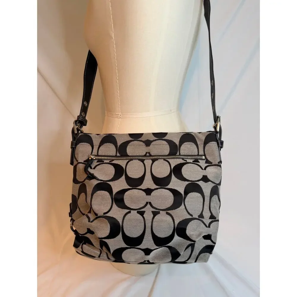 Coach Signature Canvas Shoulder Bag Black Gray Monogram Crossbody Purse Classic - Picture 5 of 15